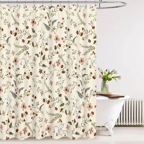 Tititex Cortina de ducha bohemia de lino sintético de 5.35 oz/m², estilo vintage, hojas verdes abstractas morris con estampado floral rojo, juego de