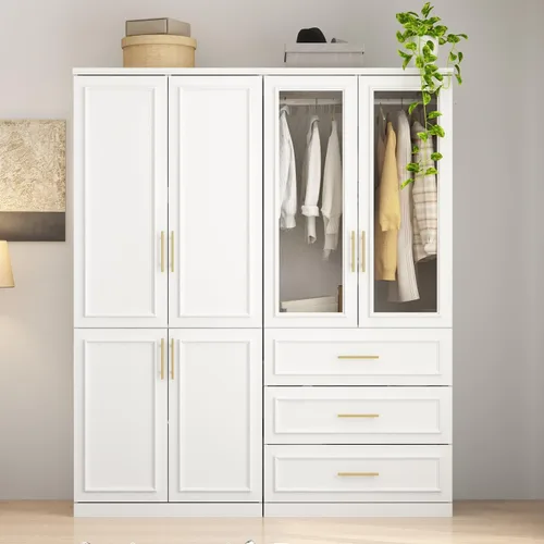 Miniatura 8 de WOODTIME Armario con barra para colgar, 3 cajones enmarcados y 2 puertas de cristal, armario de madera moderno, organizador de armario