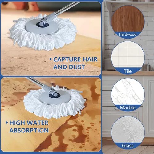 Miniatura 9 de Trapeador giratorio y cubo con escurridor en ruedas, sistema de cubo giratorio de 180° con 6 cabezales de repuesto de microfibra lavables, mango