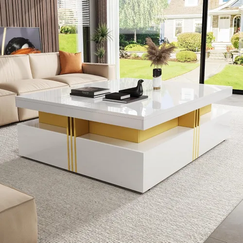 Miniatura 12 de SSLine Moderna mesa de centro cuadrada de color negro y dorado, mesa de centro de cóctel de mármol sintético de lujo con 4 cajones