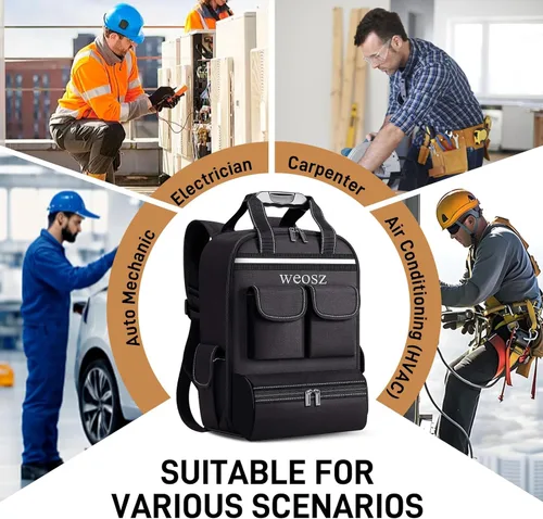 Miniatura 6 de Mochila de herramientas para hombres de 18 pulgadas resistente al agua de servicio pesado con múltiples bolsillos, organizador de bolsa de Negro