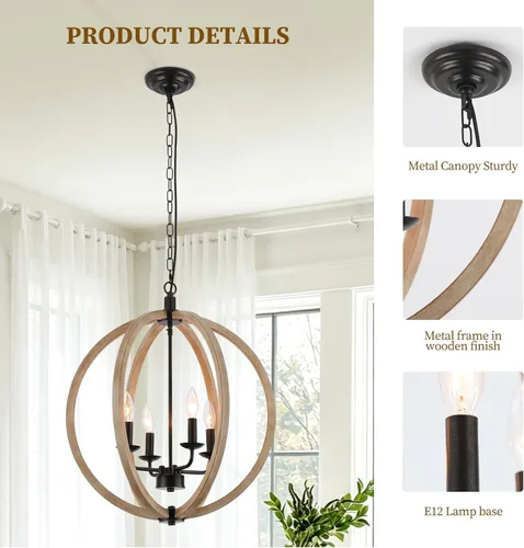 Miniatura 6 de Lámpara de araña de orbe de granja, 4 luces de bola de madera sintética para comedor, vestíbulo, isla de cocina (marco de metal de globo)