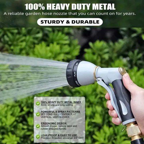 Miniatura 2 de Boquilla de manguera de jardín resistente, 100% metal de alta presión, boquilla rociadora de manguera de agua con 8 patrones de pulverización