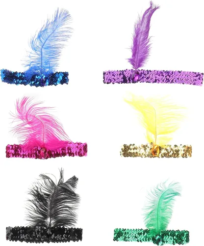 Miniatura 9 de Lurrose 6 diademas de lentejuelas con diseño de plumas de los años 20 para mujeres y niñas, accesorios de disfraz de gran Gatsby