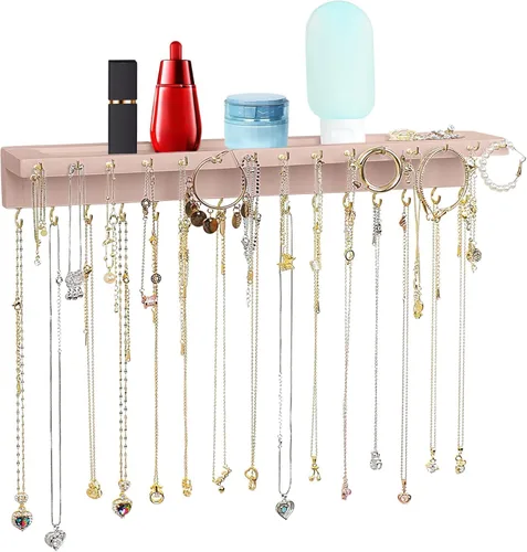 Miniatura 3 de Soporte para Collares, Organizador de Collares de Pared Extra Grande Mejorado con 30 Ganchos Colgante de Collares Montado en la Pared con Bandeja