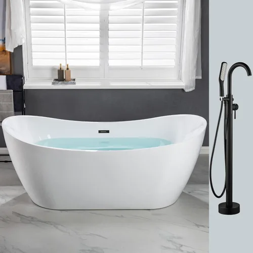 WOODBRIDGE Bañera de remojo acílica blanca independiente de 71 pulgadas con kit de drenaje y relleno de bañera de montaje en piso en negro mate,