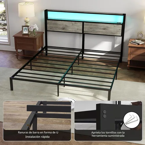 Miniatura 8 de Base de cama tamaño King con cabecero, estructura de cama de plataforma metálica con luces LED y estación de carga, almacenamiento debajo de la gris
