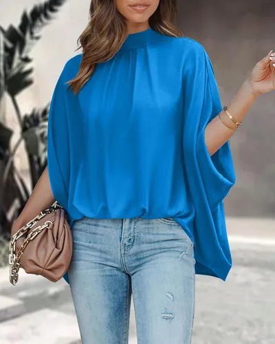 Miniatura 78 de BTFBM Blusas de verano para mujer, cuello alto falso, manga murciélago, holgadas, dobladillo alto y bajo, blusas informales de gran