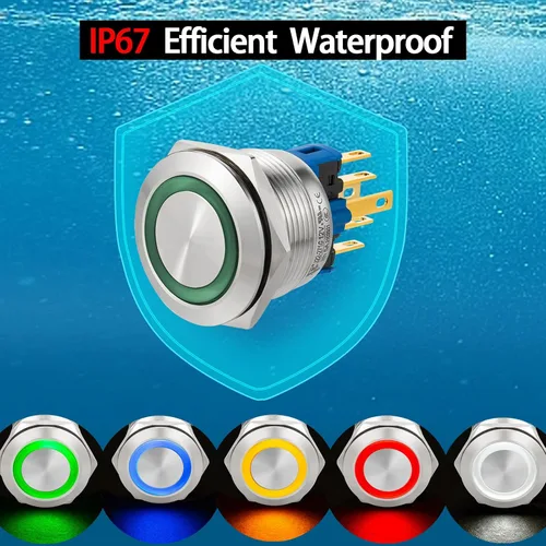 Miniatura 6 de 2 interruptores de botón de cierre de 0.866 in, 7/8 pulgadas, 110 V-120 V, SPDT, interruptor de encendido y apagado, impermeable, IP67, acero Azul