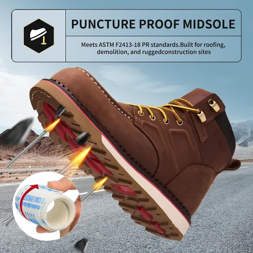 Miniatura 3 de MWORK Welted Blunt Botas de trabajo impermeables con punta de mocasín de 6 pulgadas, punta de compensación, a prueba de pinchazos, suela de cuña
