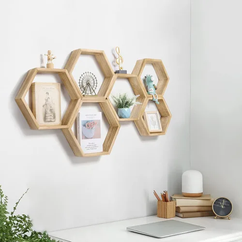 Miniatura 2 de YBING Estantes flotantes hexagonales montados en la pared de madera de granja de almacenamiento de nido de abeja, juego de 6 estantes hexagonales