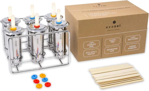 Ecozoi Moldes de paletas de acero inoxidable, 6 máquinas de paletas de hielo de metal, 30 palitos de bambú reutilizables, 12 sellos de silicona y 1