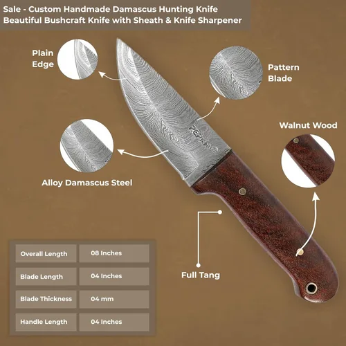 Miniatura 2 de Venta - Cuchillo de caza de Damasco hecho a mano personalizado Hermoso cuchillo de Bushcraft con funda y sacapuntas de cuchillo