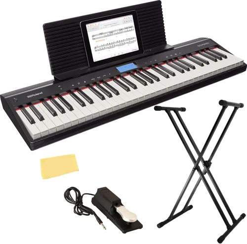 Roland GO-61P - Paquete de piano digital de 61 teclas con soporte ajustable, pedal de sostenimiento, lecciones en línea y paño de pulido de Austin