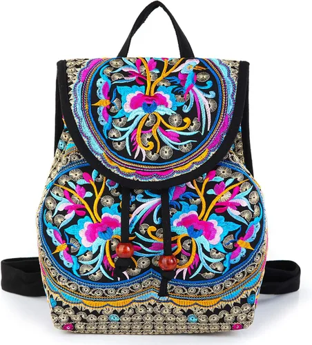 MAZEXY Mochila bordada para mujer, bolso de hombro bohemio, bolso cruzado de flores étnicas vintage, Zafiro rojo, Causal
