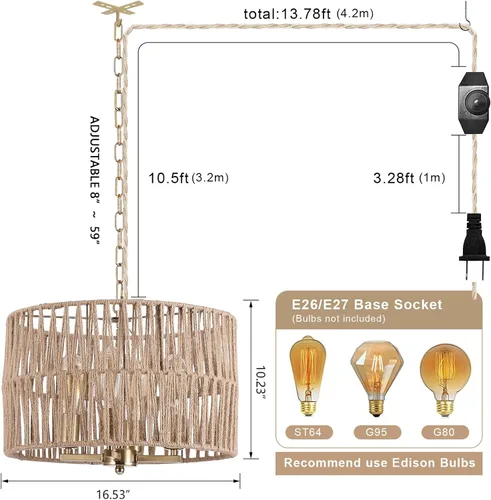 Miniatura 4 de Luminaria de lámpara colgante grande estilo bohemio costero de 4 luces que se enchufa con cadena ajustable, interruptor regulable, lámpara colgante