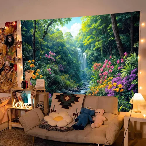 Miniatura 2 de Tapiz de cascada de bosque, flores de paisaje natural, tapices para colgar en la pared para hombres y niños, decoración de arte de pared, decoración