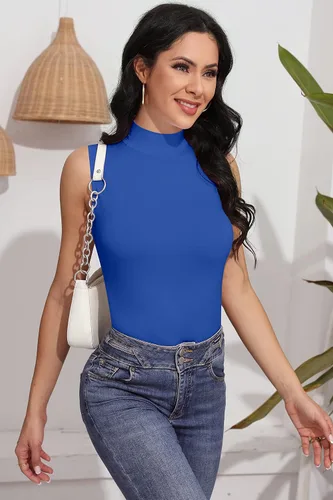 Miniatura 3 de SHEIUGU Camiseta de manga larga para mujer, sin mangas, cuello alto, básica, elástica, ajustada, ropa
