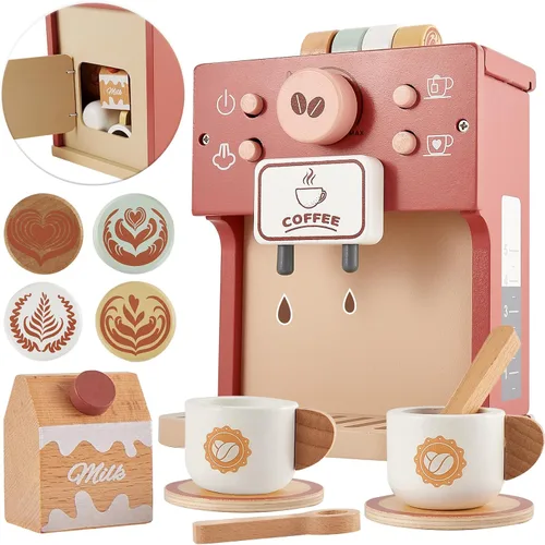 BUYGER Cafetera de juguete para niños, juego de café de madera, juego de juegos de simulación, accesorios de cocina, regalos para niños de 3, 4 y 5