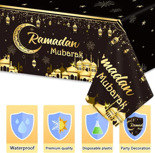 Miniatura 3 de 1 Manteles Ramadán Mubarak Eid Mubarak Decoraciones de Mesa Ramadán Kareem Suministros de Fiesta Negro y Dorado Cubierta de Mesa Rectangular