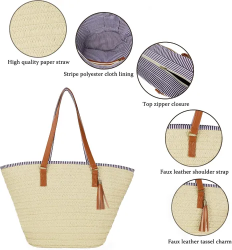 Miniatura 5 de Bolso grande de paja para mujer, bolso de playa con borla para el verano