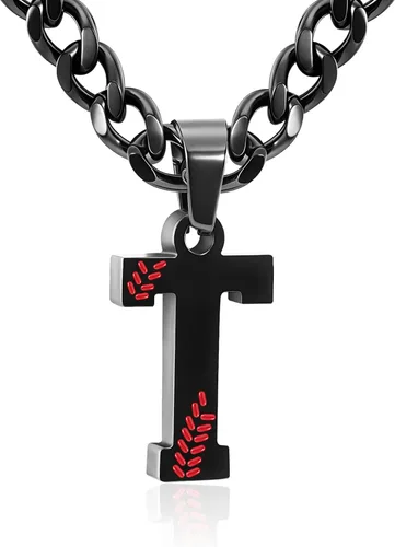 Miniatura 32 de Avotto Collar de béisbol con letra inicial de la A a la Z para niños y hombres, cadena cubana de acero inoxidable resistente que no se decolora