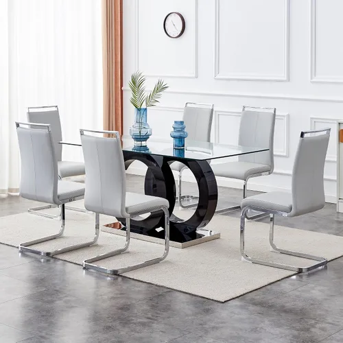 Miniatura 10 de Juego de mesa de comedor Ebullient para 6, juego de mesa de comedor de 7 piezas, tapa de mesa de cristal templado, mesa moderna de comedor con 6