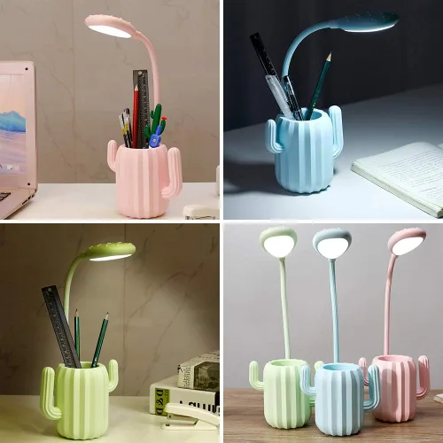 Miniatura 7 de Luz LED de escritorio de cactus, lámpara de protección ocular regulable + soporte para bolígrafo para lectura de estudio de oficina (rosa)