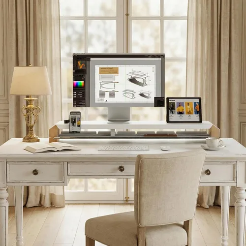 Miniatura 2 de Fenge Soporte de monitor para escritorio, elevador de monitor doble de 39 pulgadas para 2 monitores, estante de escritorio de madera maciza