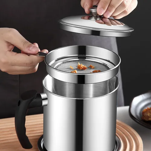 Miniatura 3 de Contenedor de grasa con filtro de malla fina olla tanque de almacenamiento de aceite de cocina (1.8 L plateado)