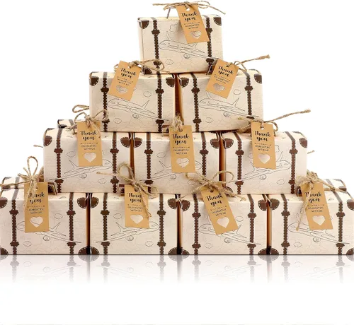 50 juegos de mini maletas, pequeñas cajas de dulces, caja de recuerdos de boda con temática de viaje, caja de maleta vintage con etiquetas de