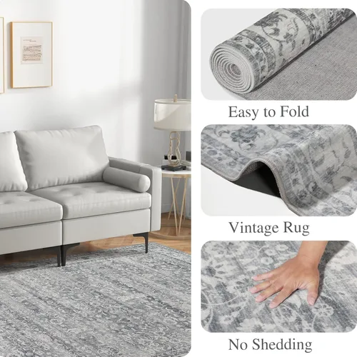 Miniatura 6 de Alfombra de 2 x 3 pies, antideslizante, lavable, de pelo bajo, suave, delgada, pequeña, alfombra vintage y bohemia para interiores, alfombras