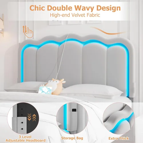 Miniatura 6 de Base de cama LED tapizada tamaño matrimonial con 2 cajones de almacenamiento y cabecera doble ondulada ajustable, cama de plataforma de terciopelo