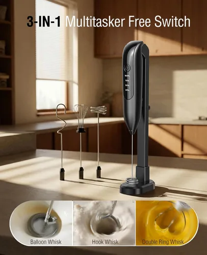 Miniatura 2 de Dynooper Espumador de Leche Eléctrico de Mano: espumador de café recargable 3 en 1 - Pantalla LED, Carga Inalámbrica - 3 Velocidades, Batidor