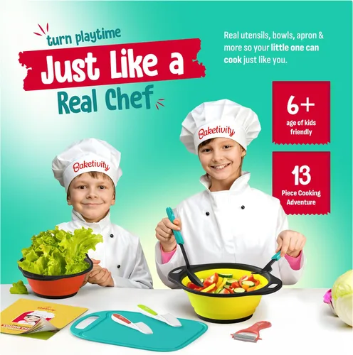 Miniatura 2 de Baketivity Juego de cocina para niños, utensilios reales con guía de herramientas de cocina, juego completo de cocina junior regalo para niñas
