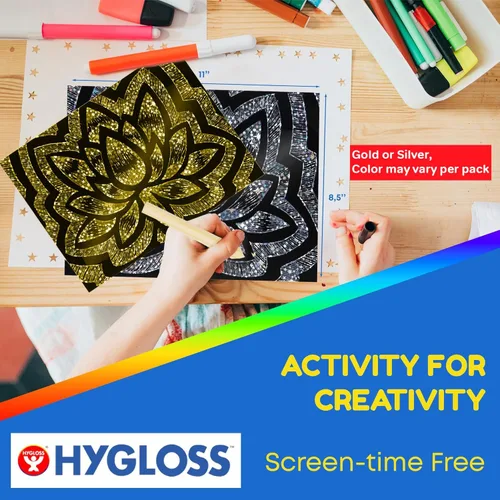 Miniatura 4 de Hygloss Products Scratch Fun - Juego de arte de papel de rascar negro mate para niños, el kit incluye 50 papeles holográficos plateados, 8.5 x 11