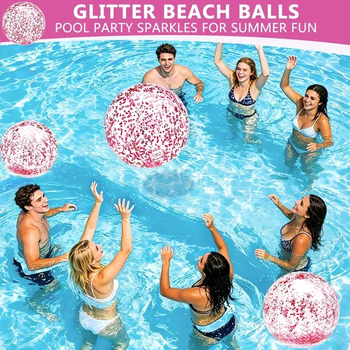 Miniatura 5 de Paquete de 5 bolas de playa de lentejuelas de 16 pulgadas y 24 pulgadas, inflables, confeti con purpurina, pelota de playa transparente, juguete Rosa