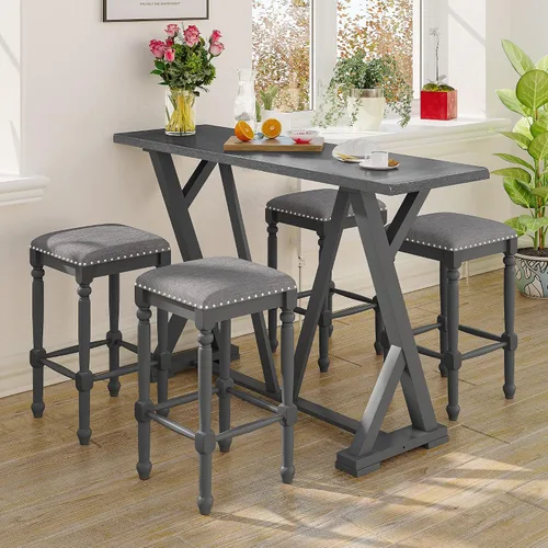 Miniatura 22 de Mid-Century - Juego de comedor de 5 piezas, altura de mostrador, mesa consola de madera con patas de caballete y 4 taburetes para lugares pequeños