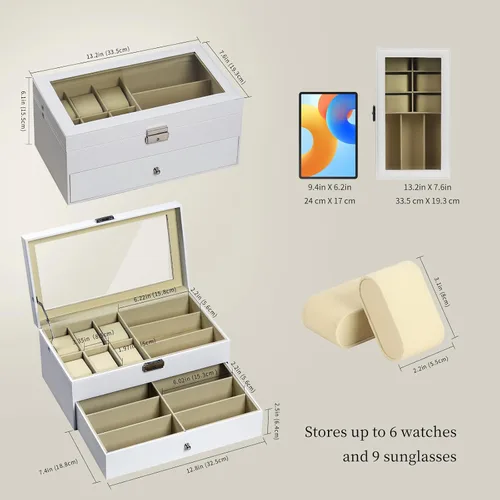 Miniatura 2 de AUTOARK AW-131 - Caja de cuero para 6 relojes, joyero y 9 piezas para guardar lentes de sol y lentes de sol, cajón organizador con cerradura