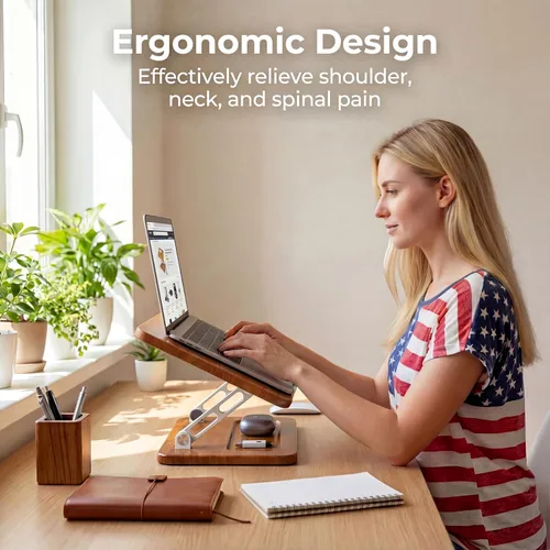 Miniatura 2 de Soporte ergonómico de madera para portátil con ranura para bolígrafo, altura y ángulo ajustables, refrigeración hueca, plegable para uso