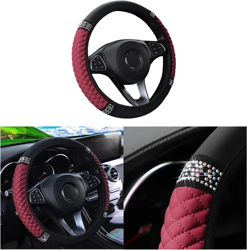 Miniatura 15 de Funda brillante para volante de automóvil, protector de cuero con diamantes de imitación de cristal para automóvil, accesorios de decoración