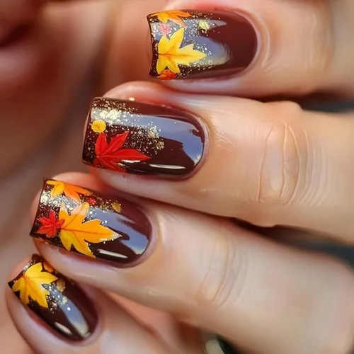 Miniatura 20 de Uñas postizas a presión de otoño, uñas postizas cortas cuadradas de MABKJLF con diseños de hojas de arce, pegamento brillante en uñas, uñas