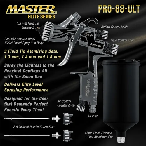 Miniatura 3 de Master Elite Performance PRO-88 HVLP Pistola de Pintura en Aerosol Automotriz con 3 Puntas de 1.3, 1.4 y 1.8mm, Taza de 1L, Regulador de Presión