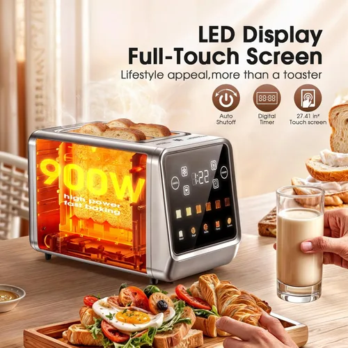 Miniatura 2 de Tostadora de pantalla táctil de 2 rebanadas, tostadoras digitales inteligentes de acero inoxidable con tostada de una sola ranura, función