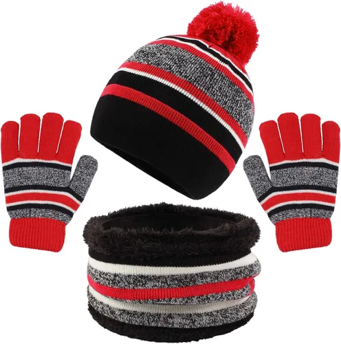 Conjunto de guantes de bufanda de invierno para niños, gorro de punto con forro polar, guantes calentadores de cuello para niños y niñas de 3 a 8