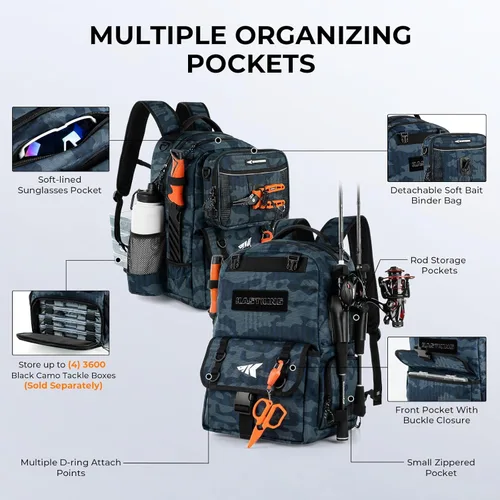 Miniatura 4 de KastKing BaitSpace 50L Mochila para equipo de pesca con encuadernador de cebo removible, 2 soportes para cañas, almacenamiento para equipo y G