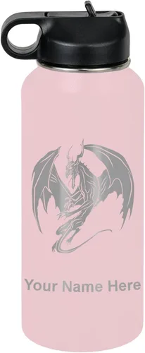 Miniatura 39 de LaserGram Botella de agua con tapa abatible de doble pared de 12 onzas con pajilla, dragón, grabado personalizado incluido (negro)