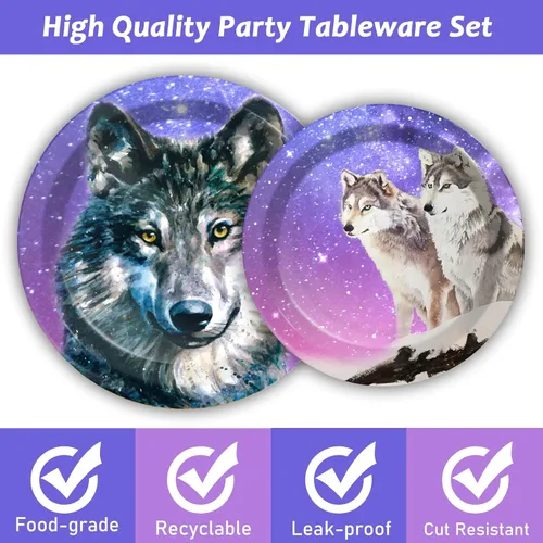 Miniatura 4 de 96 piezas de suministros de fiesta de lobo, platos, servilletas, juego de vajilla, suministros de cumpleaños de animales de lobo, vajilla