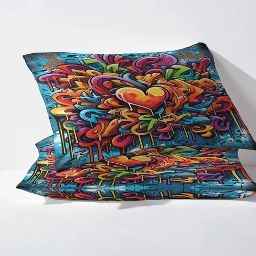 Miniatura 3 de Juego de sábanas de graffiti tamaño individual, sábanas de corazón hippie de 3 piezas, sábanas y fundas de almohada con patrón – Sábana bajera