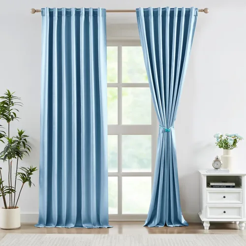 Miniatura 16 de Bujasso Cortinas de jacquard negras con bolsillo para barra, pestaña trasera y lazos de lujo, cortinas aisladas térmicamente para oscurecer
